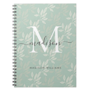 Modern Monogram Teal Botanical Leaves Girly Script Notebook