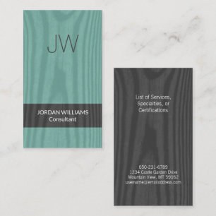 Modern Monogram Teal Faux Wood Minimalist Vertical Business Card