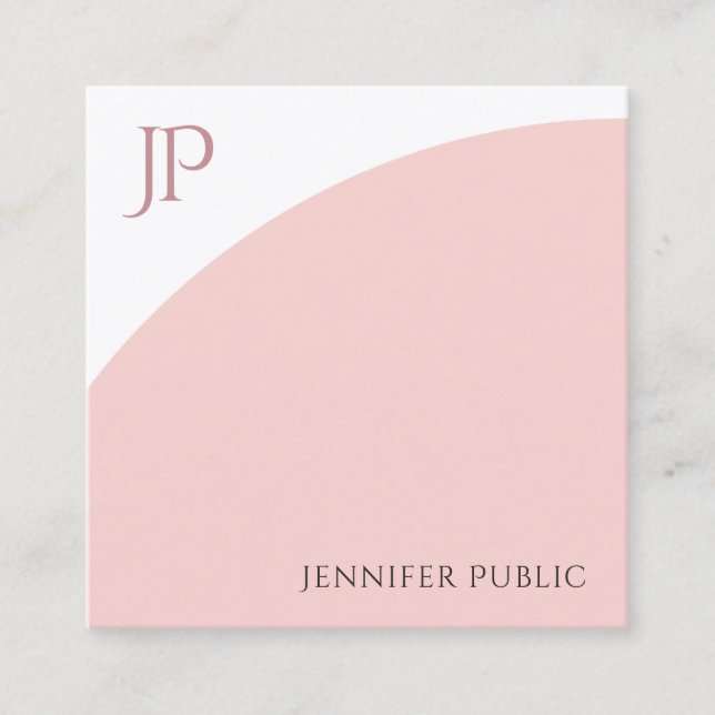 Modern Monogram Template Blush Pink White Elegant Square Business Card (Front)