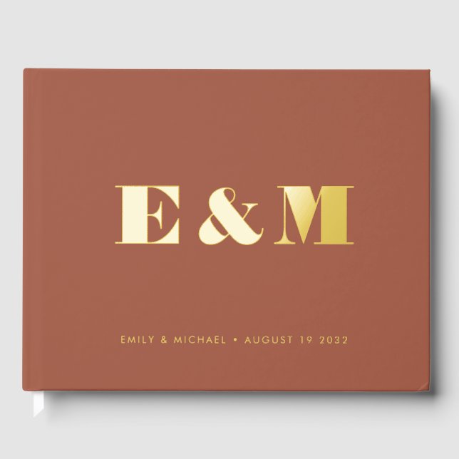 Modern Monogram Terracotta Gold Foil Wedding  Guest Book (Front)