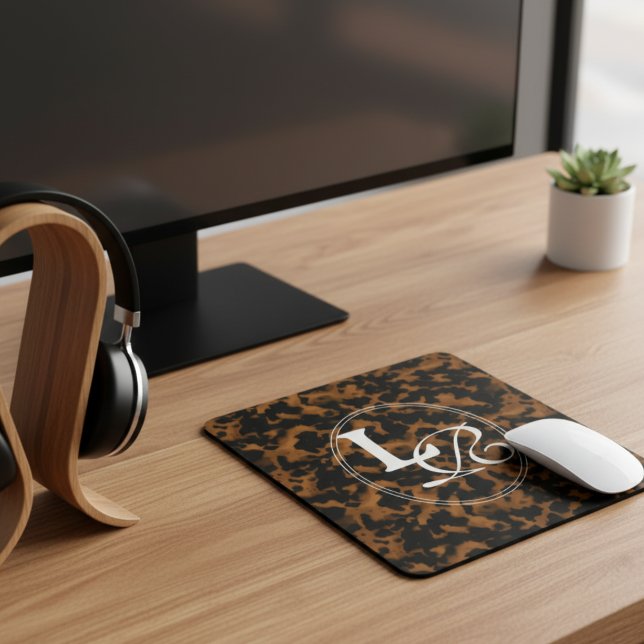 Modern Monogram Tortoise Shell Print Mouse Mat (Add a touch of chic charm to your desk with this Elegant Typography Monogram Tortoise Shell Design!)