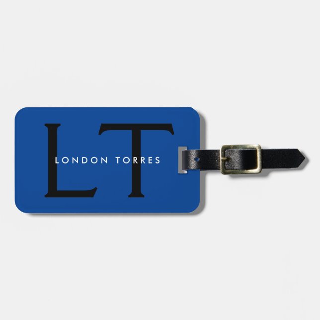 Modern Monogram Trendy Blue Black  Luggage Tag (Front Horizontal)