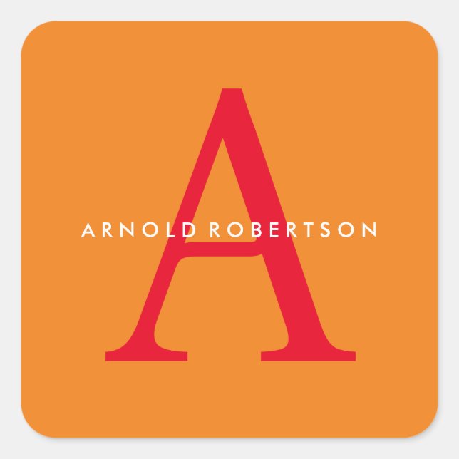 Modern Monogram Trendy Orange Red Square Sticker (Front)