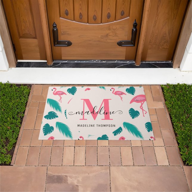 Modern Monogram Tropical Leaves Hot Pink Flamingo Doormat (Outdoor)