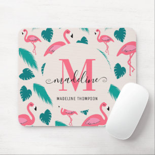 Modern Monogram Tropical Leaves Hot Pink Flamingo Mouse Mat