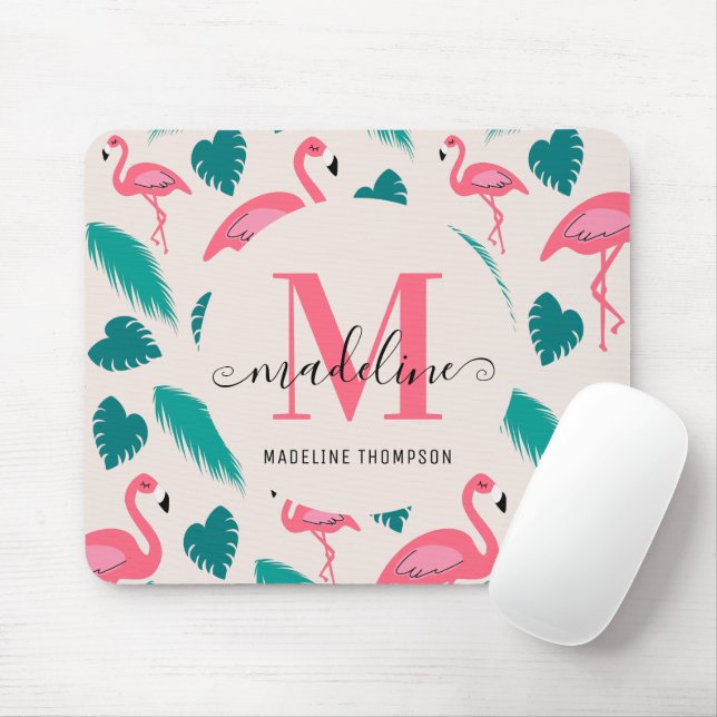 Modern Monogram Tropical Leaves Hot Pink Flamingo Mouse Mat (With Mouse)