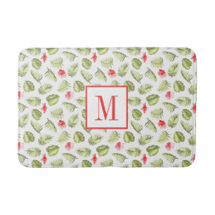 Modern Monogram Tropical Palm Leaves Pattern  Bath Mat