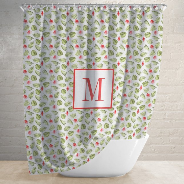 Modern Monogram Tropical Palm Leaves Pattern  Shower Curtain (Creator Uploaded)