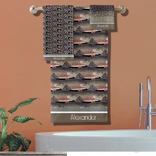 Modern Monogram Trout Fish Design Black White Grey Bath Towel Set