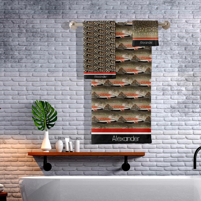 Modern Monogram Trout Fish Design Black White Rust Bath Towel Set (Creator Uploaded)