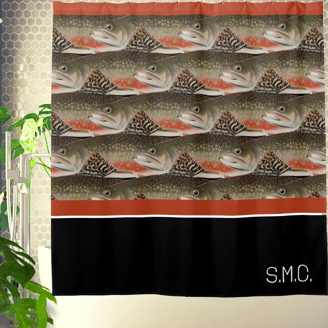 Modern Monogram Trout Fish Design Black White Rust Shower Curtain (Creator Uploaded)