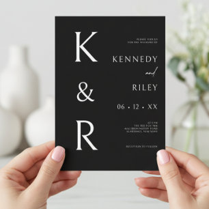 Modern Monogram Typography Black White QR Wedding Invitation