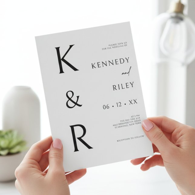 Modern Monogram Typography Black White QR Wedding Invitation (Modern Monogram Typography Black White QR Wedding Invitation)