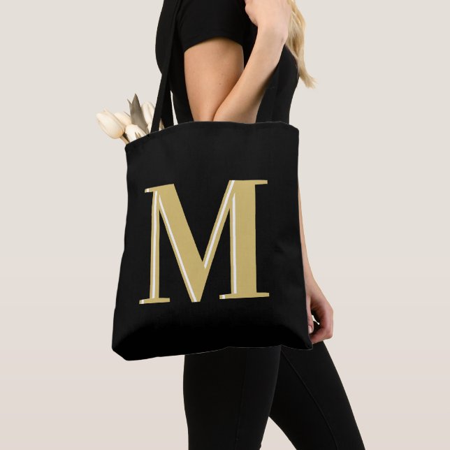 Modern monogram typography gold black tote bag (Close Up)
