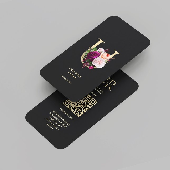 Modern Monogram U Elegant Floral Black Gold  Business Card (Modern Monogram U Elegant Floral Black Gold Business Card
)