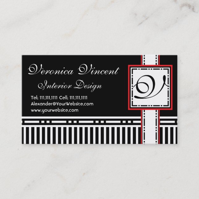 Modern Monogram V Black and White Stripes Business Card (Front)