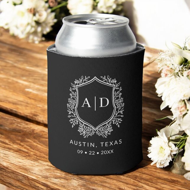 Modern Monogram Wedding Black Crest Can Cooler (Creator Uploaded)