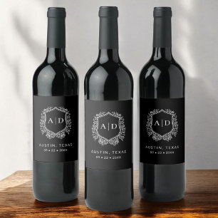 Modern Monogram Wedding Black Crest Wine Label