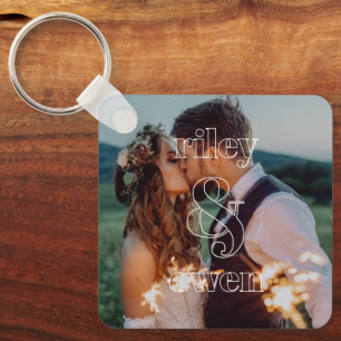 Modern Monogram Wedding Engagement Couple Photo Key Ring