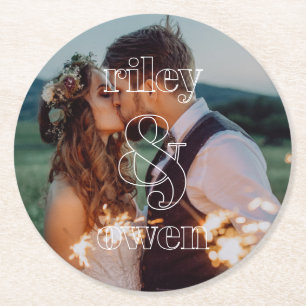 Modern Monogram Wedding Engagement Couple Photo Round Paper Coaster