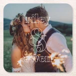 Modern Monogram Wedding Engagement Couple Photo Square Paper Coaster
