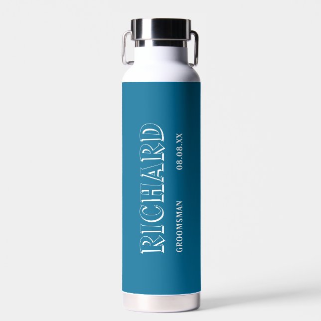 Modern Monogram Wedding Groomsman Blue  Water Bottle (Front)