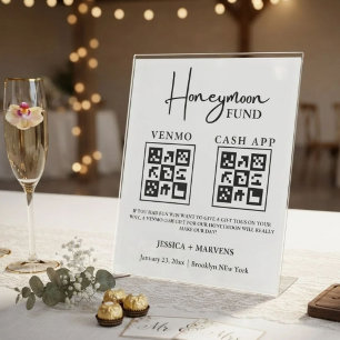Modern Monogram wedding honeymoon fund QR code Pedestal Sign