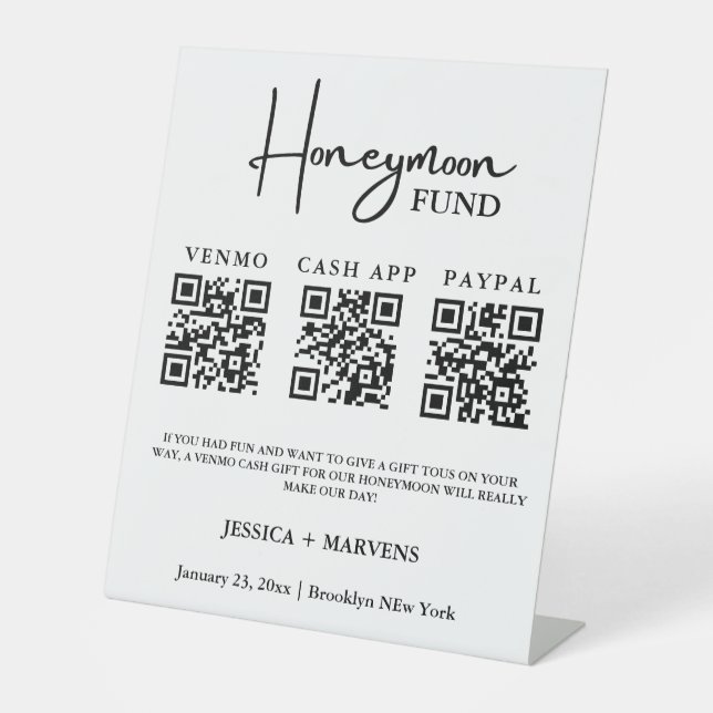 Modern Monogram  wedding honeymoon fund QR code  Pedestal Sign (Front)