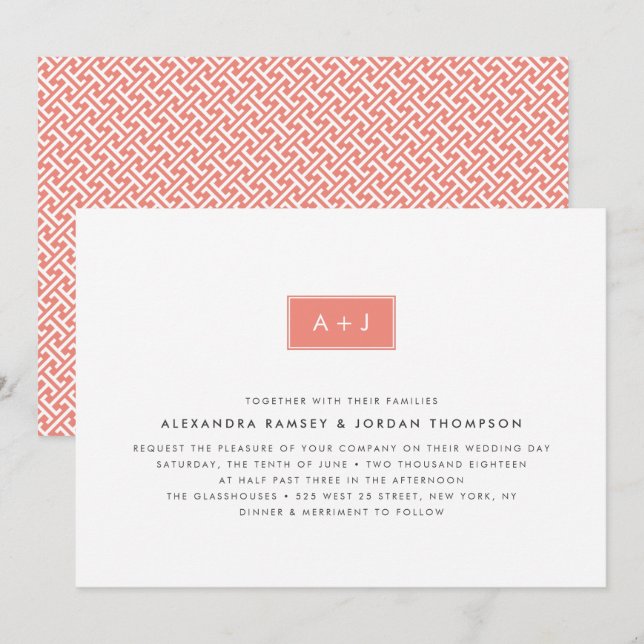 Modern Monogram Wedding Invitation | Coral (Front/Back)