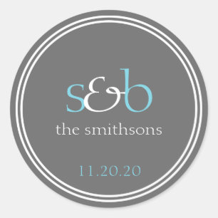 Modern Monogram Wedding Labels (Blue / Grey)