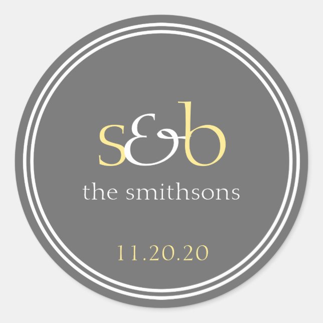 Modern Monogram Wedding Labels (Yellow / Grey) (Front)