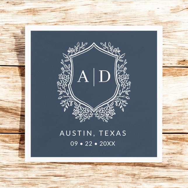 Modern Monogram Wedding Navy Blue Crest Napkin (Creator Uploaded)