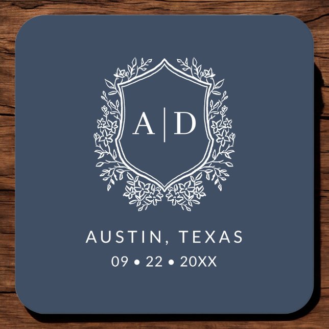 Modern Monogram Wedding Navy Blue Crest Square Paper Coaster (Creator Uploaded)