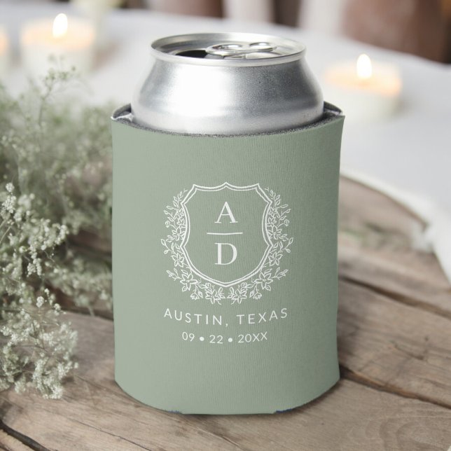 Modern Monogram Wedding Sage Green Crest Can Cooler (Creator Uploaded)