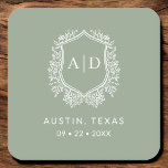 Modern Monogram Wedding Sage Green Crest Square Paper Coaster<br><div class="desc">Add an elegant touch to your celebration with the Modern Monogram Wedding Crest Square Paper Coaster. Featuring a sophisticated monogram crest design, these coasters are perfect for weddings, engagement parties, or bridal showers. The stylish square shape and high-quality, absorbent paper protect surfaces while enhancing your decor. Personalise with your initials...</div>