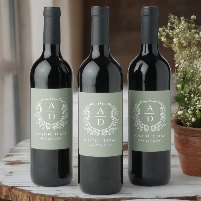 Modern Monogram Wedding Sage Green Crest Wine Label (Creator Uploaded)