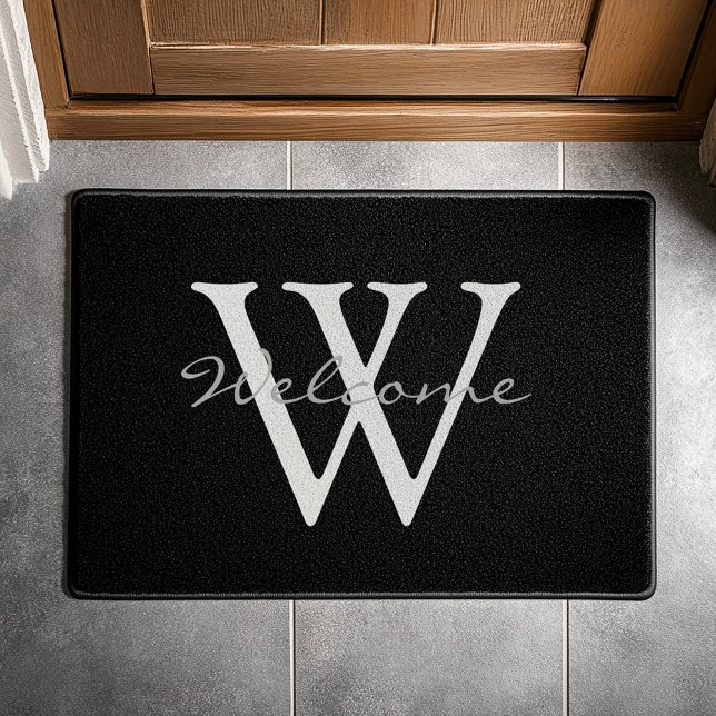 Modern Monogram Welcome Door Accent for New Homes Doormat (Black and white welcome mat with elegant script big "w" and "welcome")