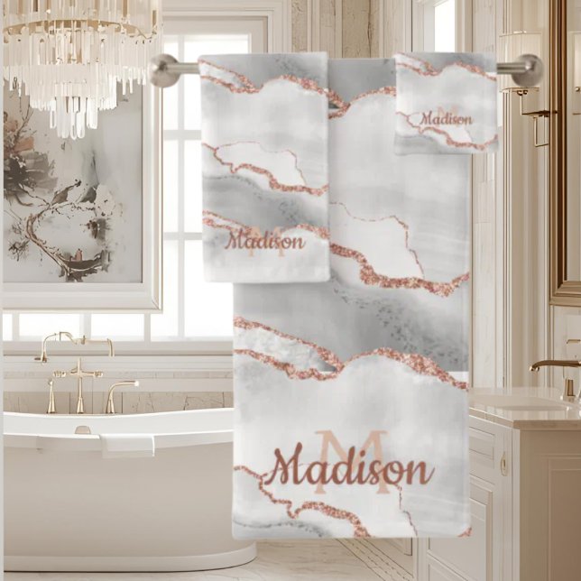 Modern Monogram  White Agate Rose Gold Glitter  Bath Towel Set (Creator Uploaded)