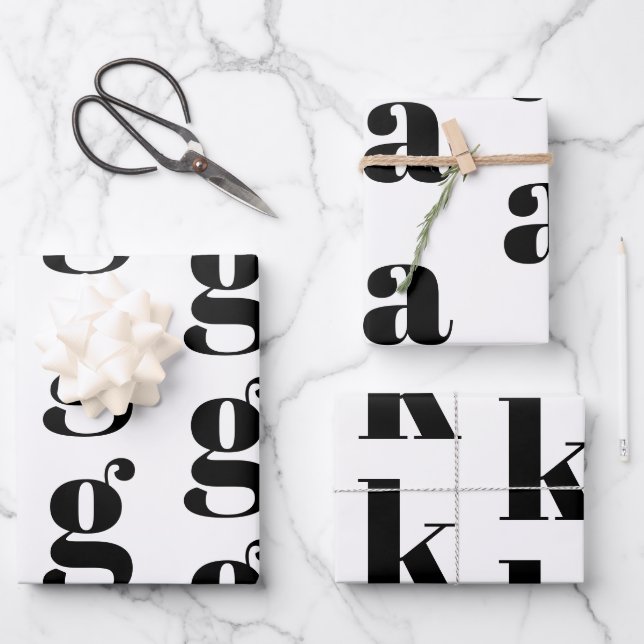 Modern monogram white black custom initial letter  wrapping paper sheet (Front)