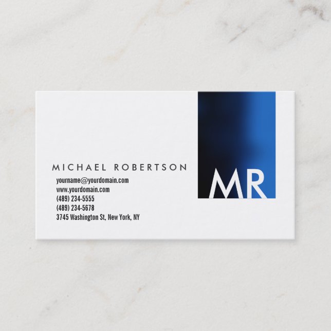 Modern Monogram White Blue Clean Business Card (Front)