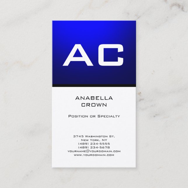 Modern Monogram White Blue Plain Premium Silk Business Card (Front)