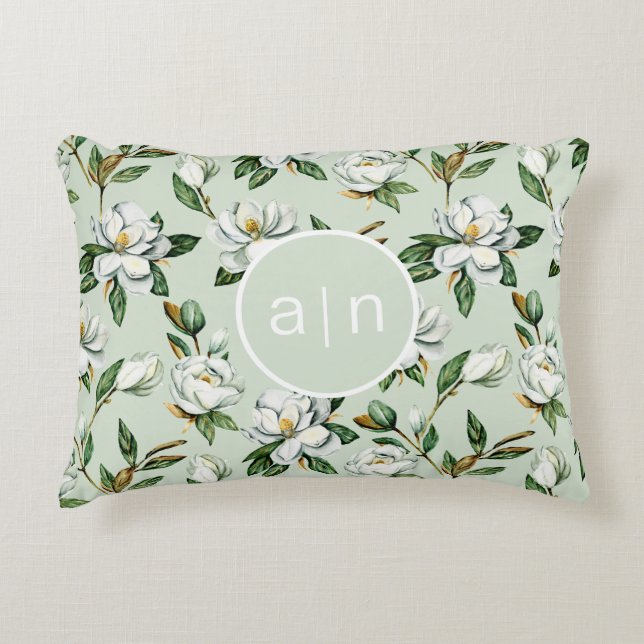 Modern Monogram White Magnolia  Decorative Cushion (Front)