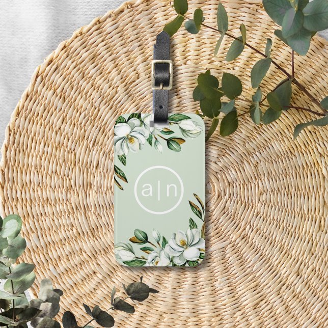 Modern Monogram White Magnolia Luggage Tag (Creator Uploaded)