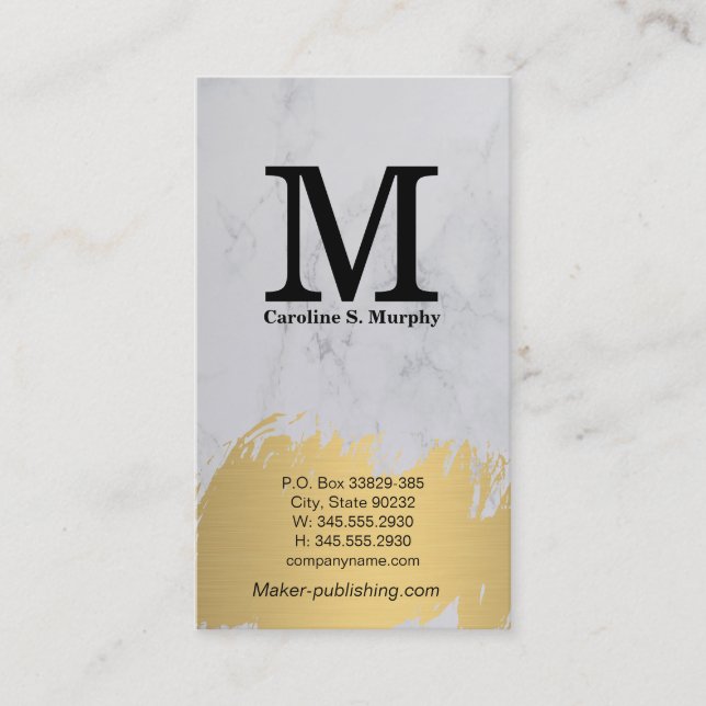 Modern Monogram | White Marble | Gold Brushed Business Card (Front)
