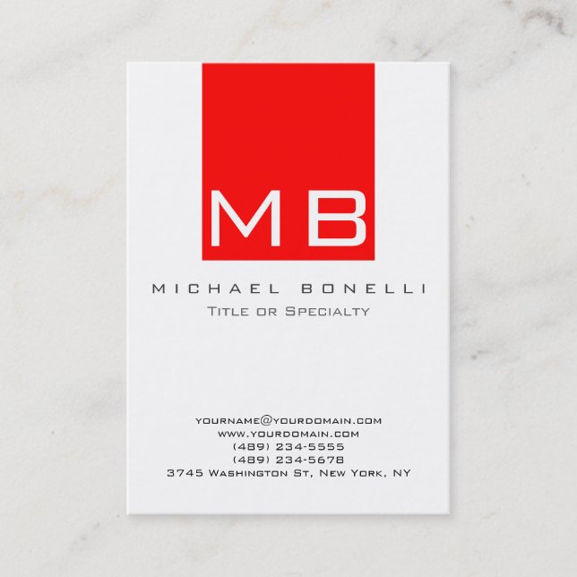 Modern Monogram White Red Chic Business Card (Front)