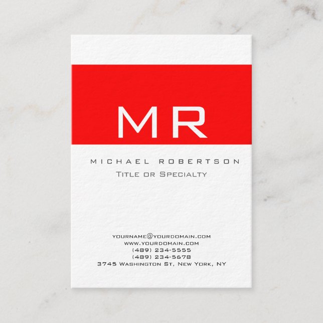 Modern Monogram White Red Clean Business Card (Front)