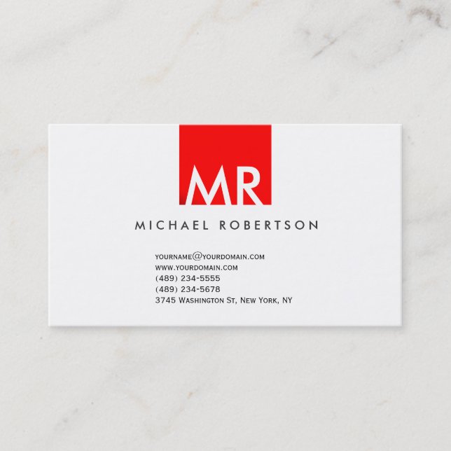 Modern Monogram White Red Clean Business Card (Front)