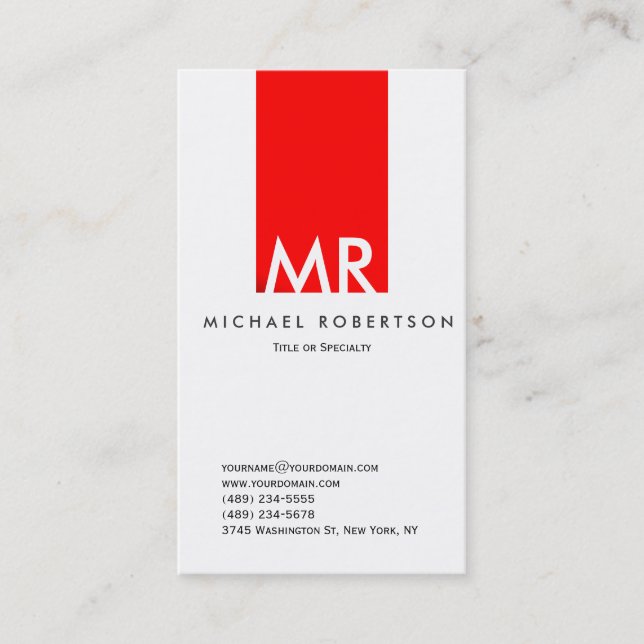 Modern Monogram White Red Clean Business Card (Front)