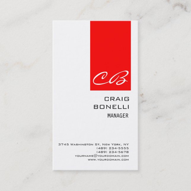 Modern Monogram White Red Plain Business Card (Front)