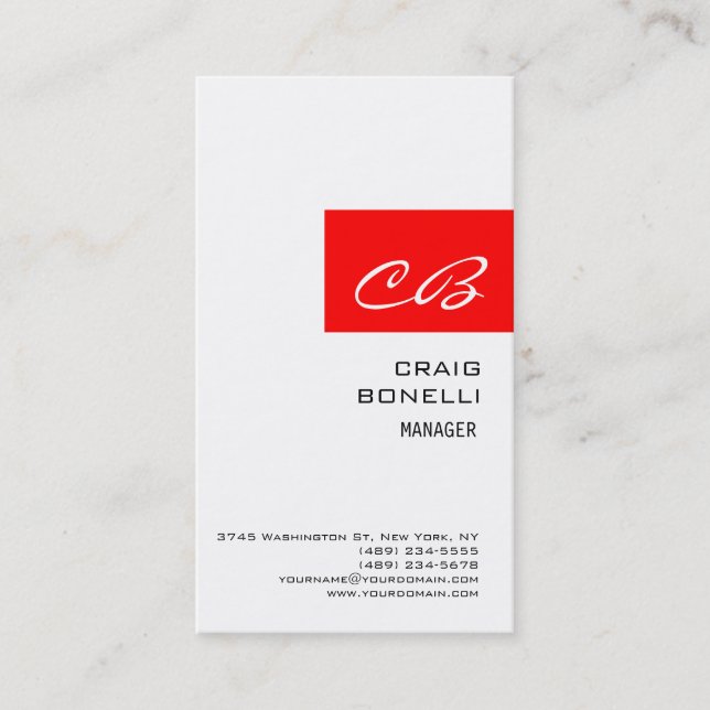 Modern Monogram White Red Plain Business Card (Front)